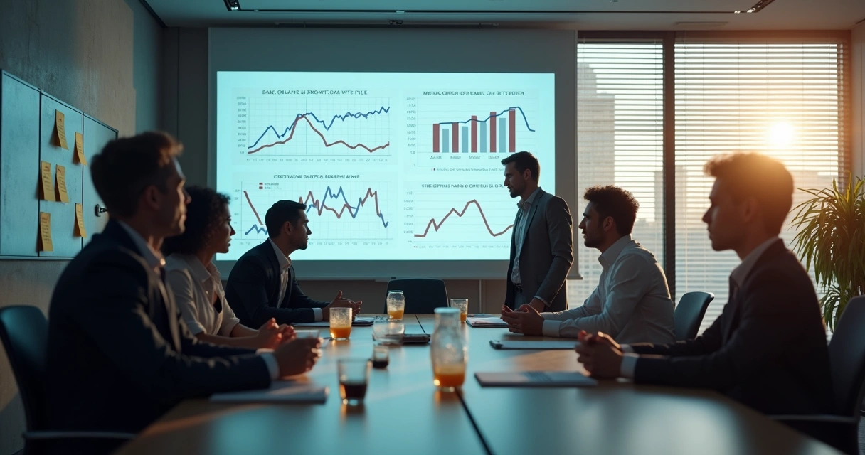 Sala de reunião com gráficos caindo e equipe preocupada