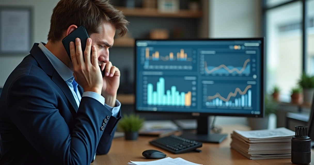 Homem ao telefone olhando para baixo em uma mesa de escritório, parecendo desmotivado 
