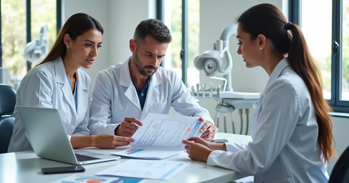 Equipe odontológica em reunião ao redor de mesa revisando números em relatórios