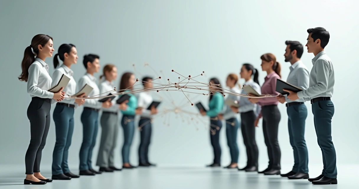 Duas equipes, uma de vendas própria e outra de parceiros, errando em comunicação, ilustrado por fios desconectados entre elas 