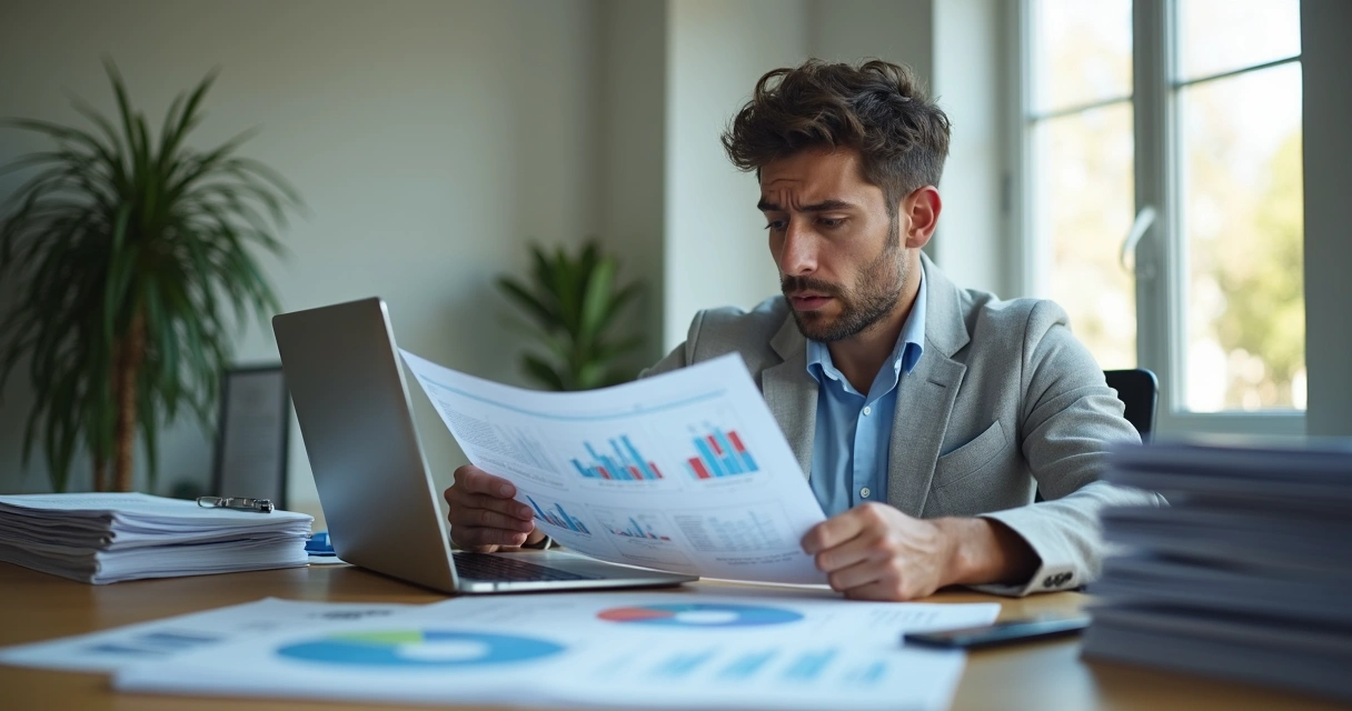 Empresário sentado analisando gráficos, com pastas empilhadas e expressão preocupada 
