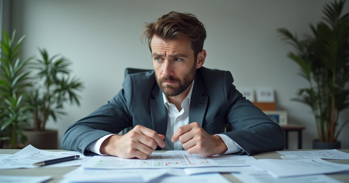 Profissional frustrado diante de planilha desorganizada de vendas 