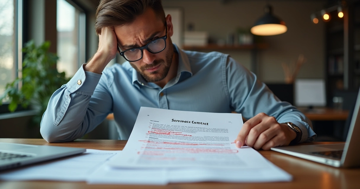 Empreendedor preocupado analisando contrato de prestação de serviços com pontos em vermelho 