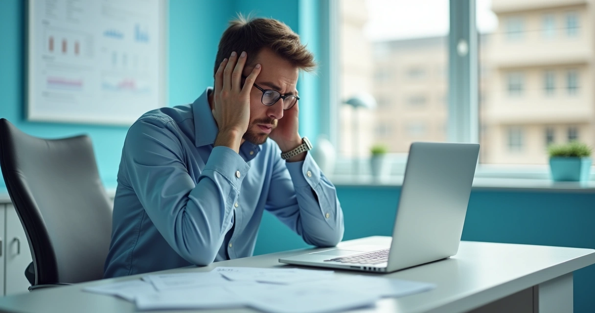 Profissional frustrado analisando oferta digital sem resultados em clínica odontológica