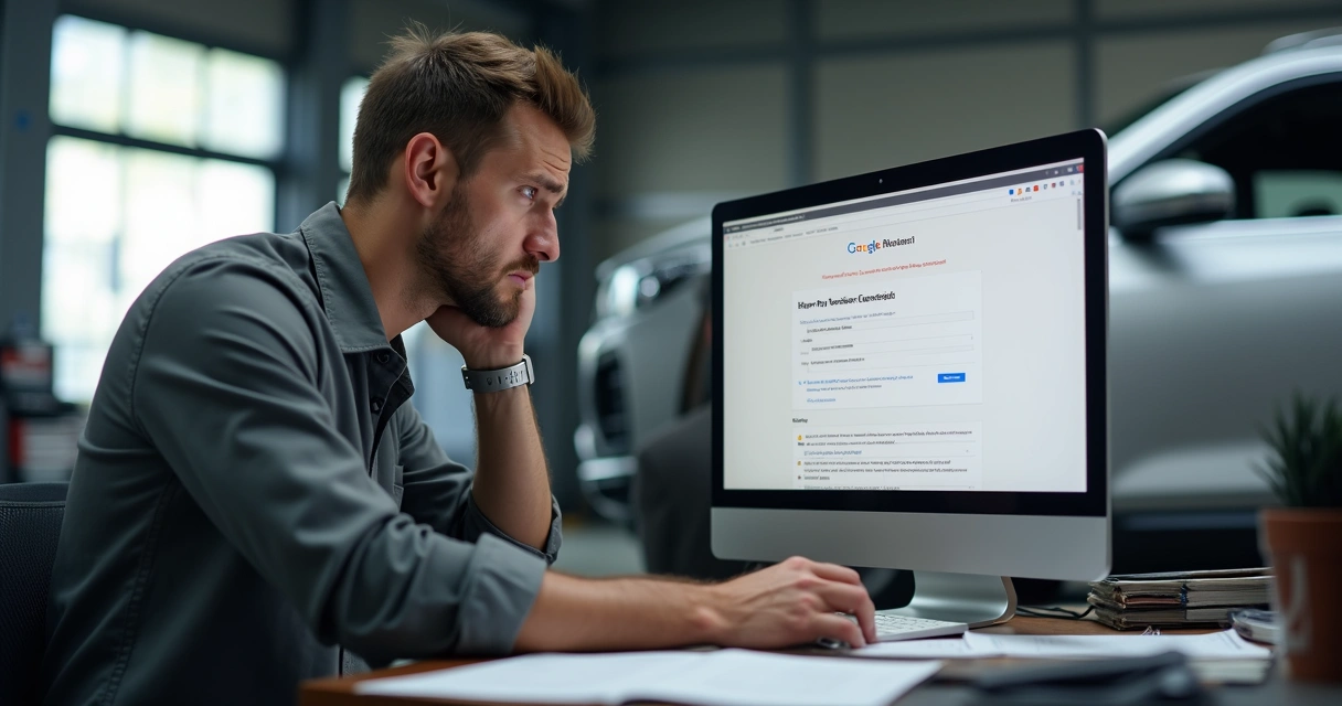 Funcionário confuso olhando tela com erro em cadastro de oficina 
