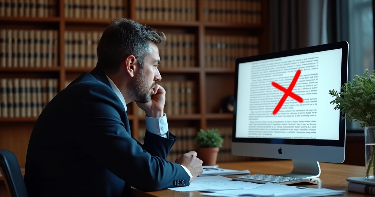 Advogado frustrado lendo resposta inadequada em computador