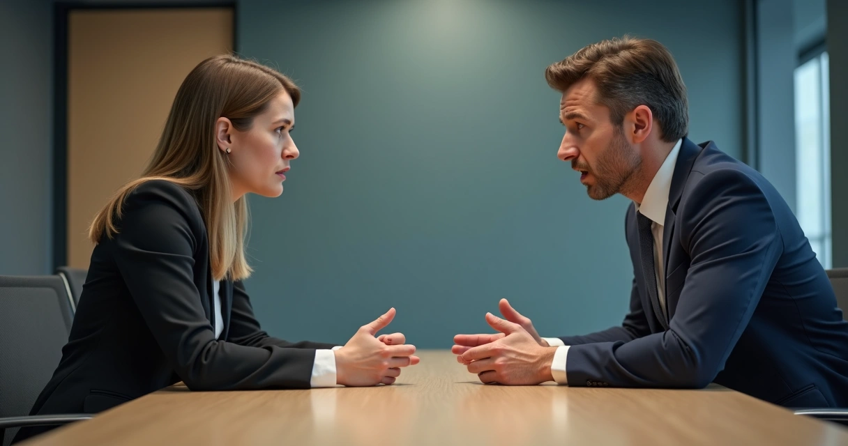 Duas pessoas em uma conversa, uma visivelmente confusa, enquanto a outra evita contato visual. 