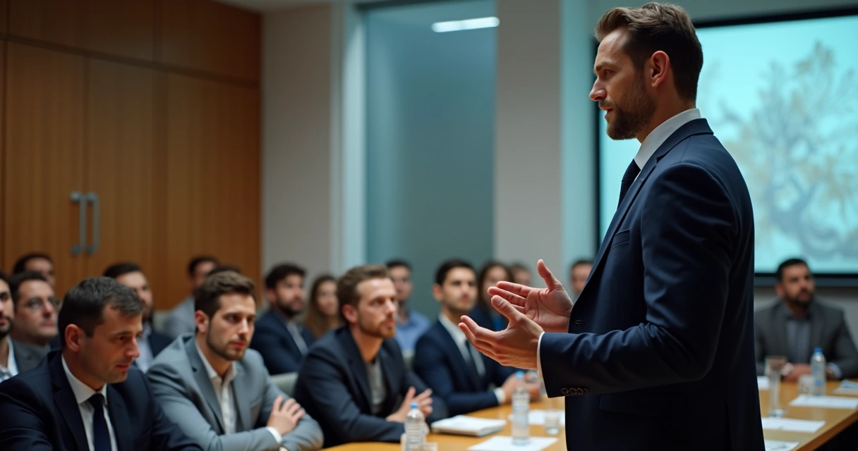 Pessoa apresentando em público, linguagem corporal tensa e olhares atentos