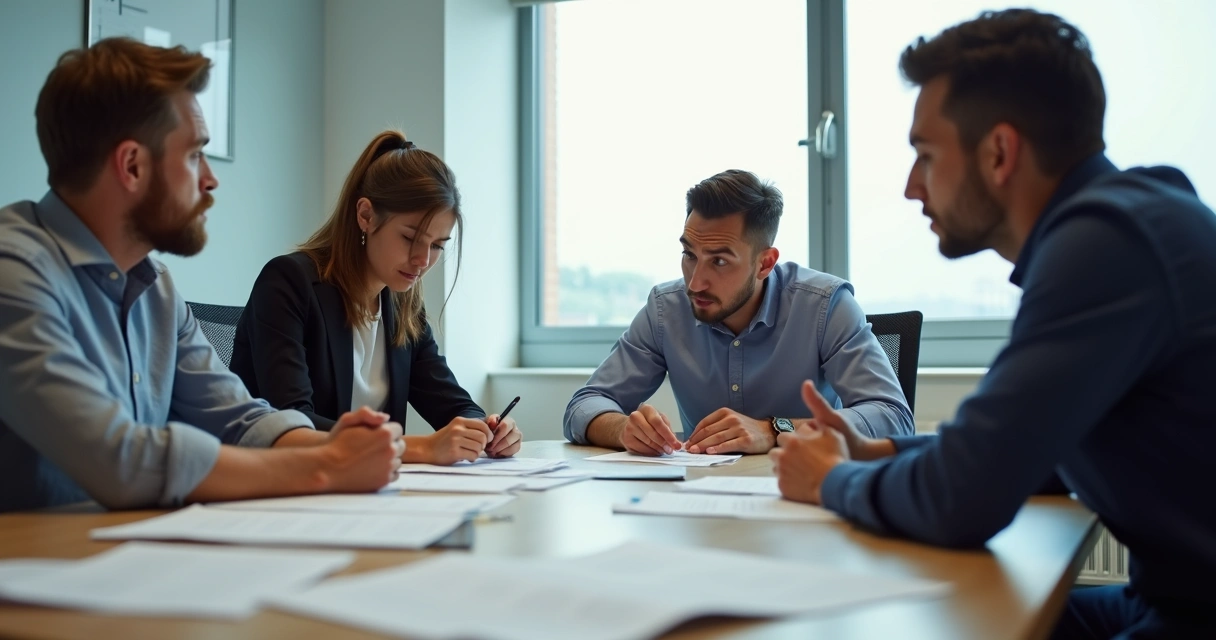 Quatro pessoas sentadas em uma mesa de reunião, olhando umas para as outras com expressões confusas e desconfortáveis, papéis espalhados na mesa. 