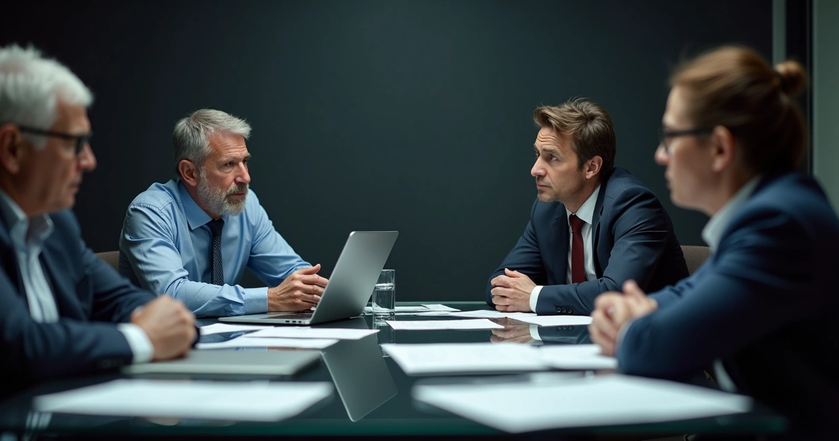 Colegas de trabalho em sala de reunião, olhando uns para os outros em silêncio constrangedor