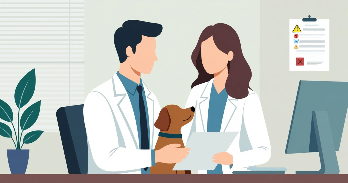 Ilustração mostra veterinário e médico humanos revisando documentos de consentimento anestésico com sinais de alerta em destaque 
