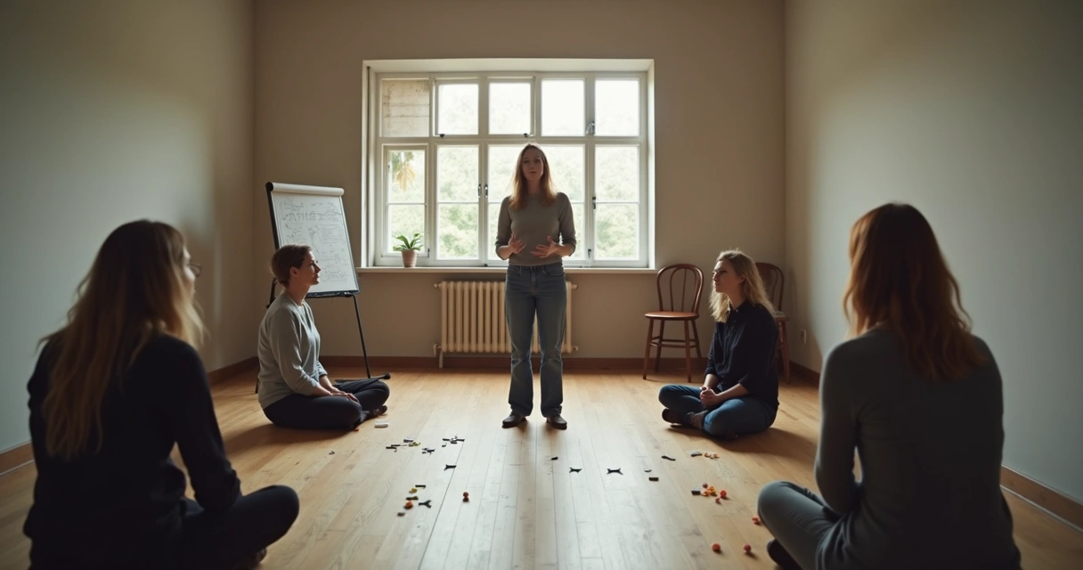 Facilitador conduzindo sessão de constelação familiar com dinâmica desorganizada 