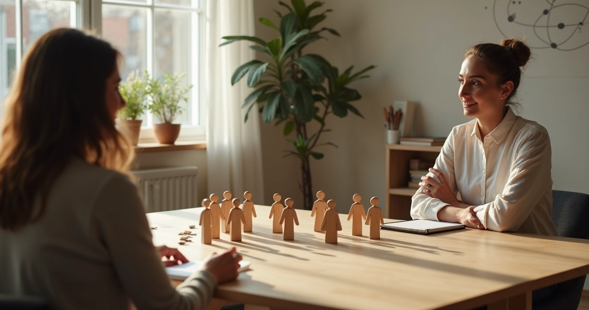 Facilitador de constelação sistêmica refletindo diante de figuras em círculo 