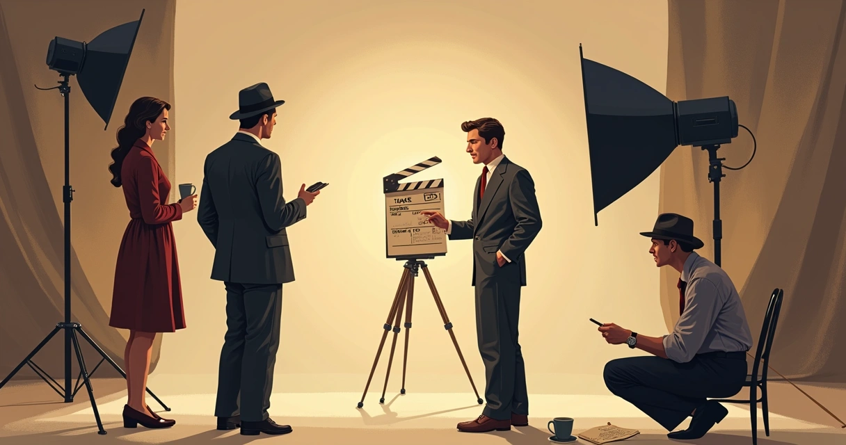 Cena de bastidores de um filme antigo, com dois atores em figurino clássico e um cinegrafista anotando detalhes do cenário e figurino.