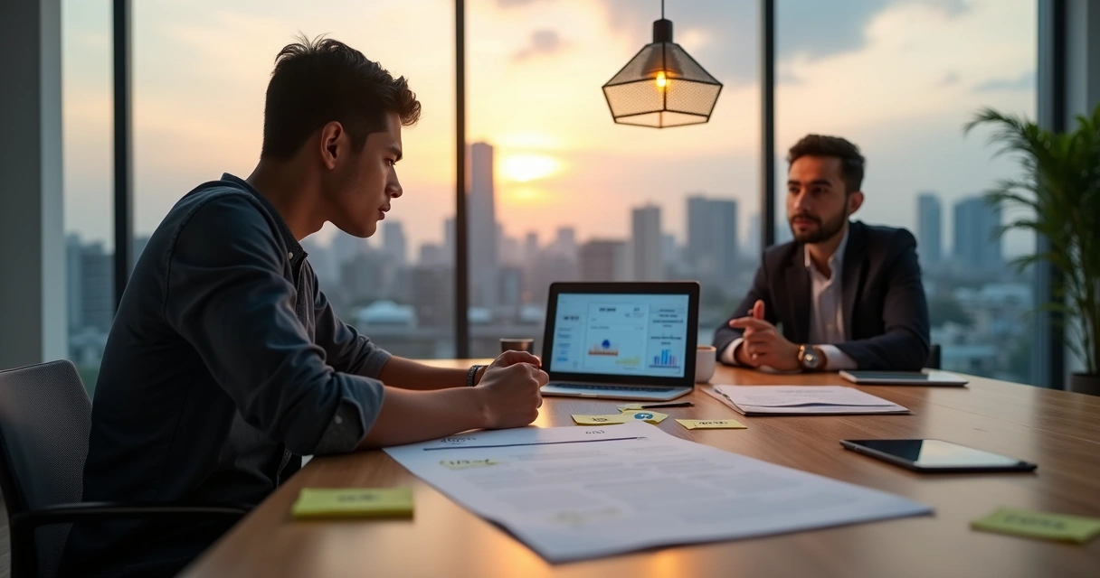 Fundador de startup analisando contrato de TI em mesa de reunião moderna 