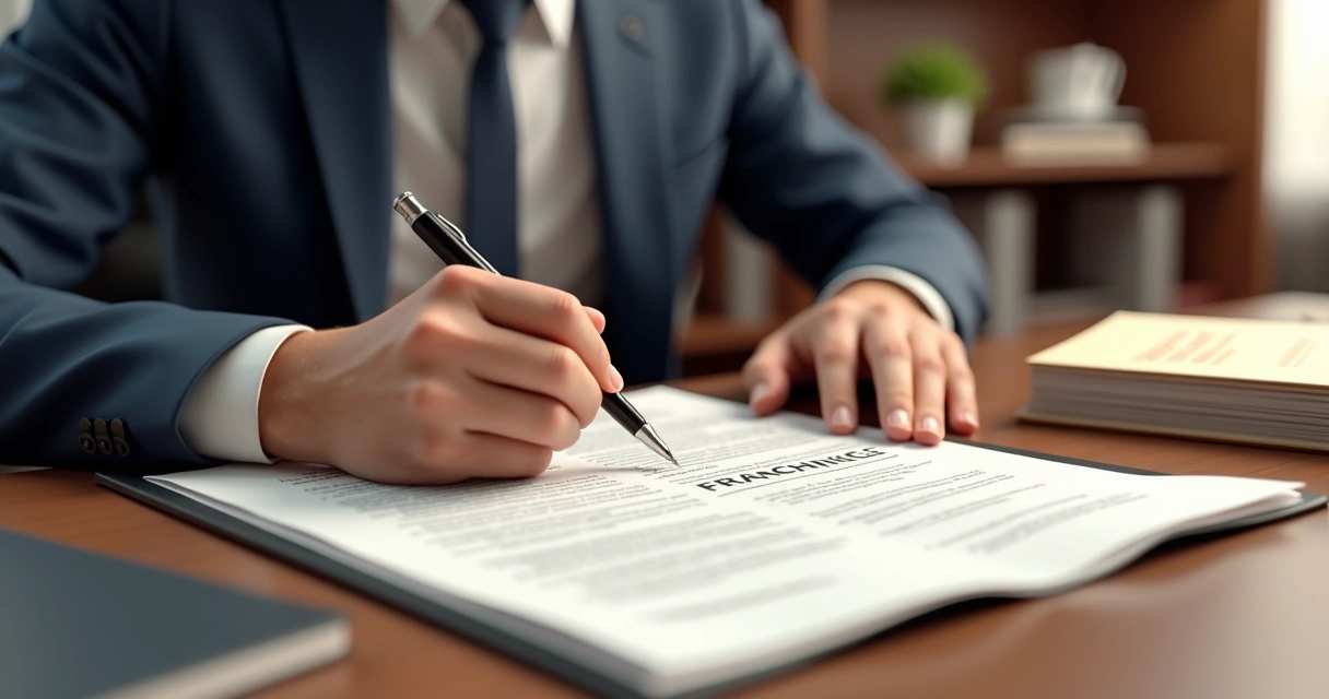 Advogado revisando contrato de franquia em mesa de escritório 