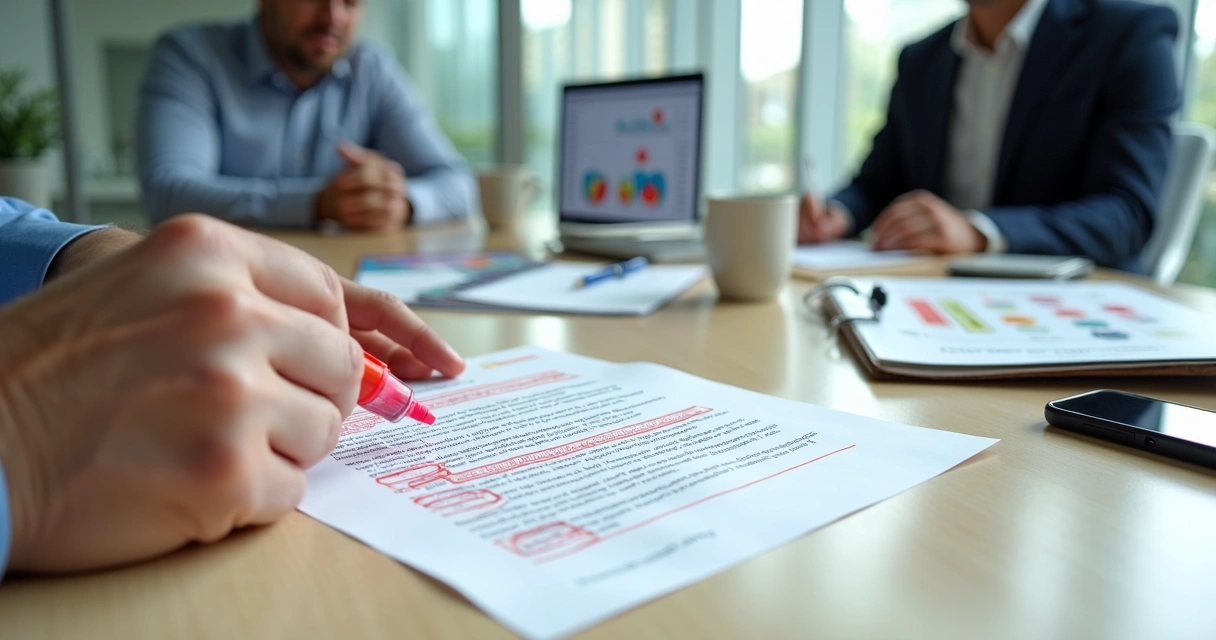 Mesa com contrato de plano de saúde e consultor destacando erros com marca-texto vermelho 