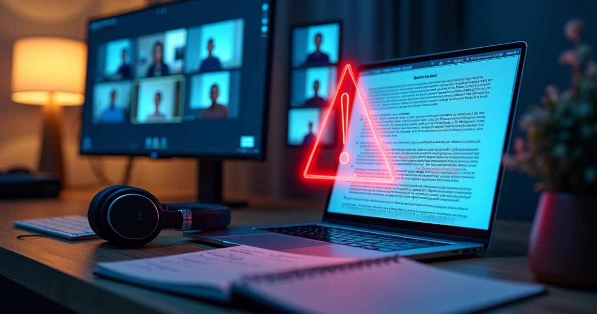 Contrato digital com falhas e alerta vermelho em tela de notebook 