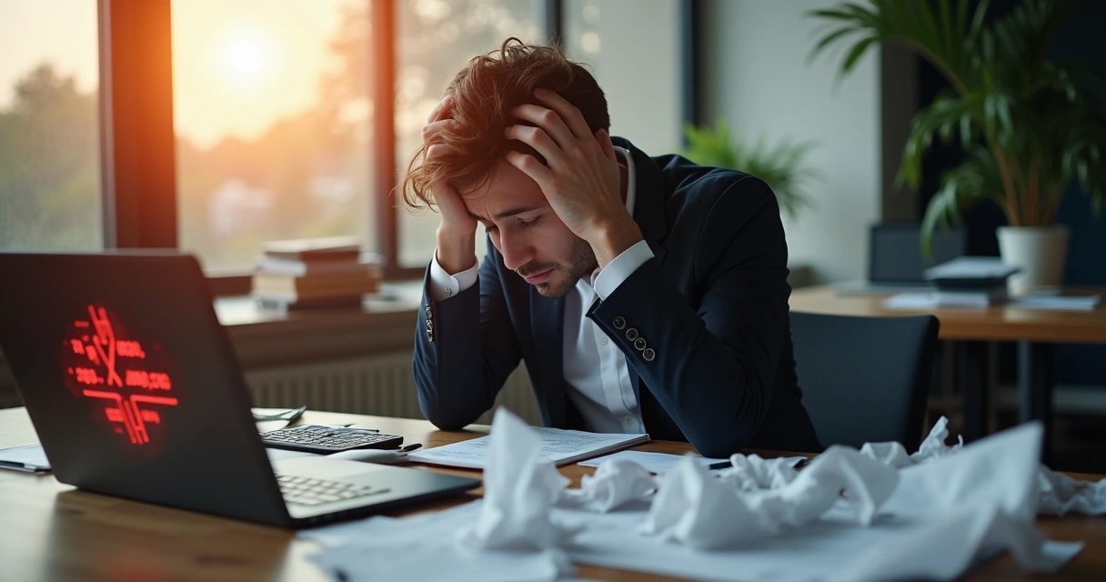 Pessoa cansada tentando corrigir erro de fluxo de caixa 