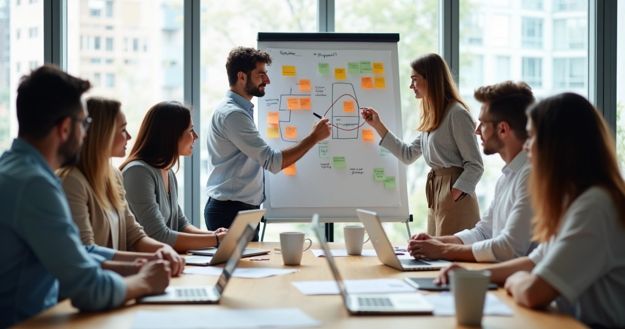 Equipe em círculo analisando juntos um erro em quadro branco 