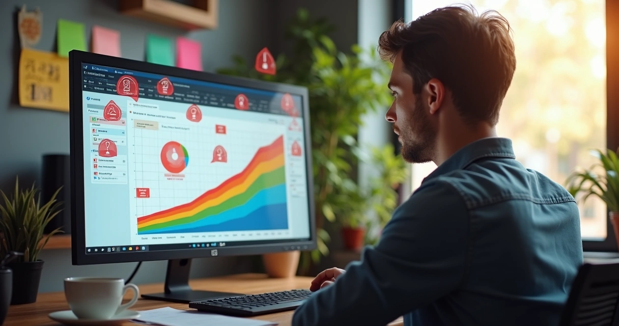 Pessoa frustrada diante de computador com gráficos de crescimento e erros destacados na tela 