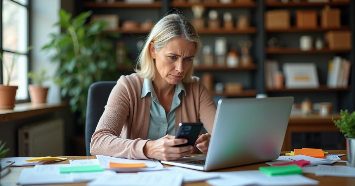 Dona de loja preocupada com mensagens em celular e papelada bagunçada na mesa 