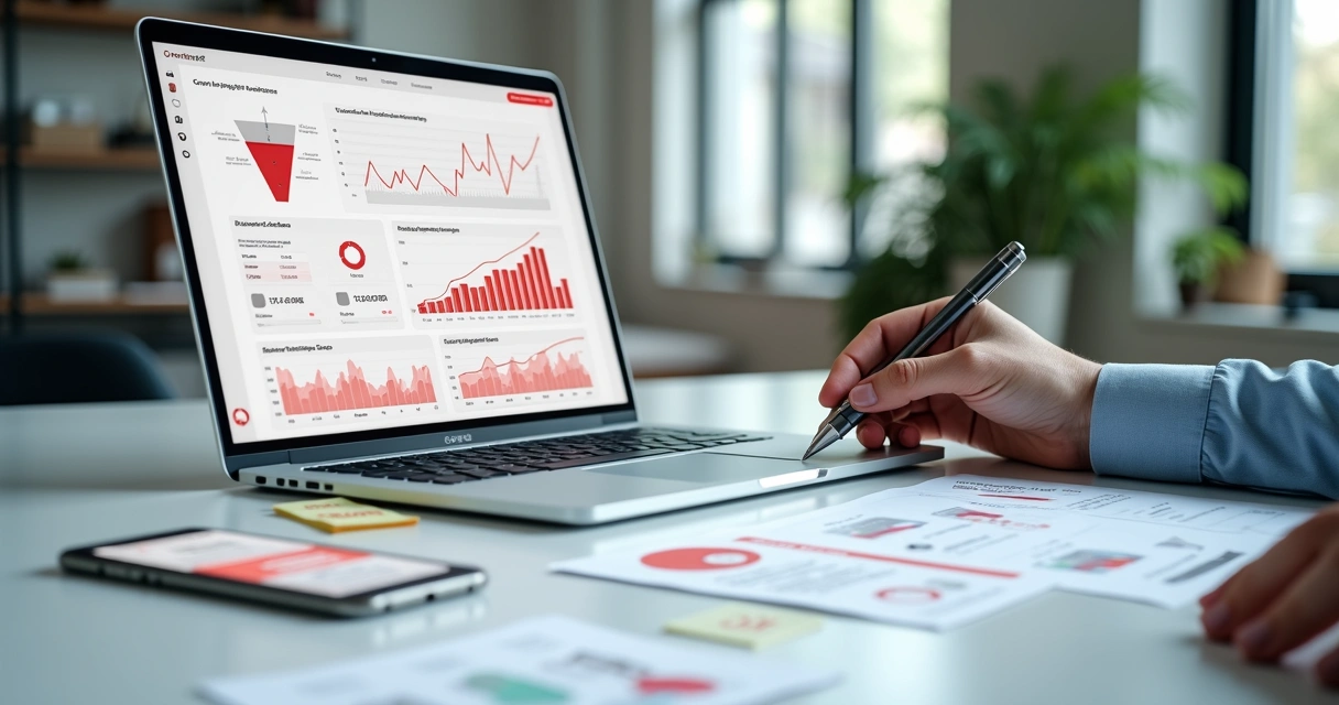 Gestor de ecommerce analisando funil de conversão com gráficos em tela de laptop 