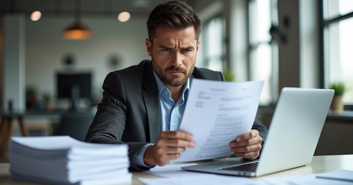 Recrutador analisando currículo com expressão de dúvida em escritório moderno 