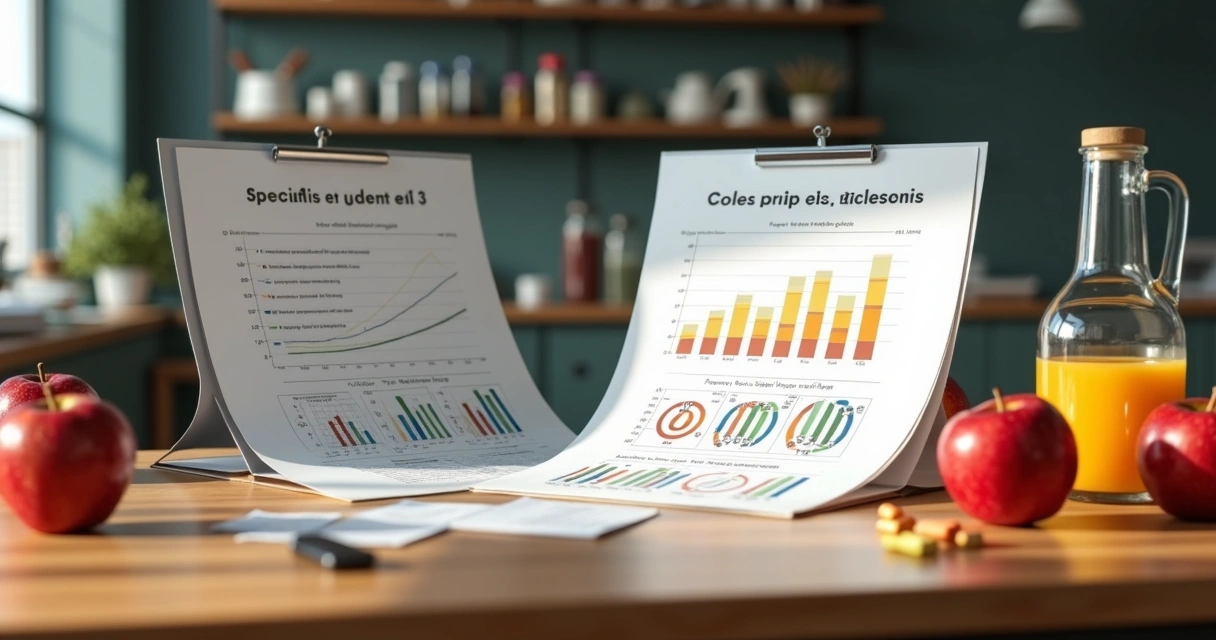 Duas pesquisas nutricionais representando resultados contraditórios numa mesa
