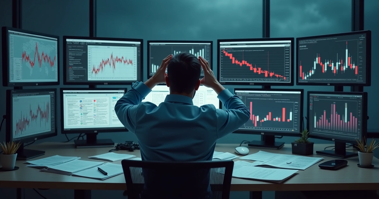 Profissional frustrado analisando dados imprecisos em telas de computador 