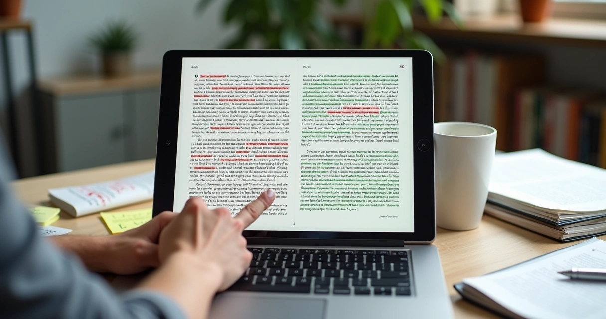 Autor revisando a diagramação de um ebook em tela dividida com versão desorganizada e versão correta 