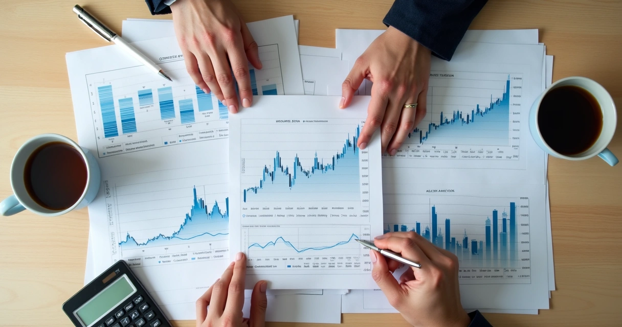 Uma calculadora, papéis com gráficos de commodities e um café ao lado 