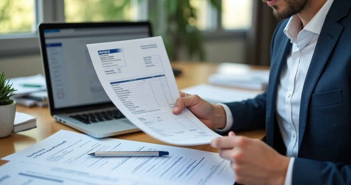 Pessoa revisando atentamente uma nota fiscal eletrônica com expressão preocupada