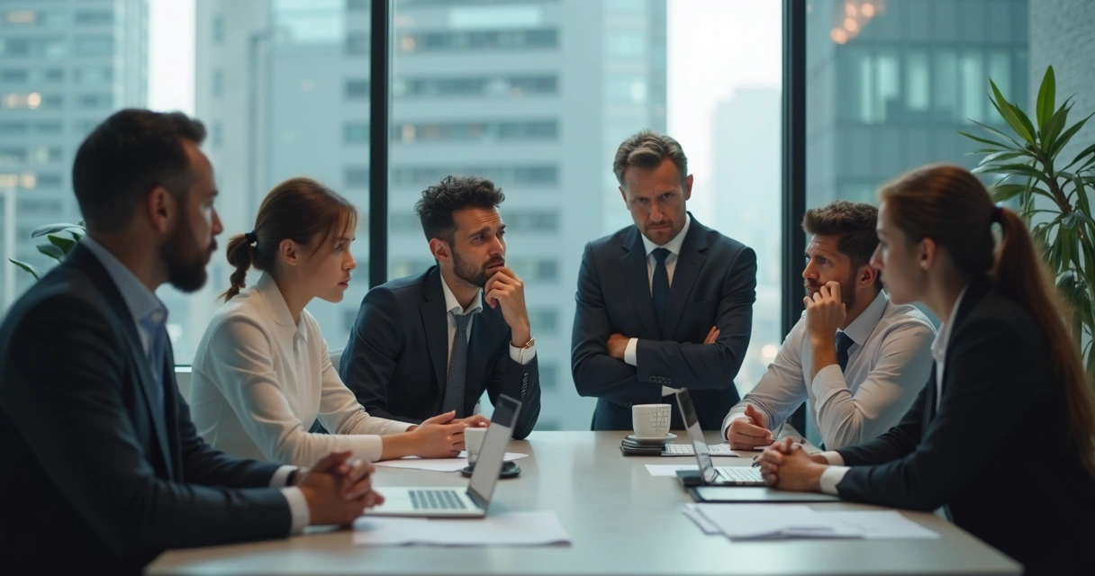 Profissionais em reunião com expressão de desconforto 