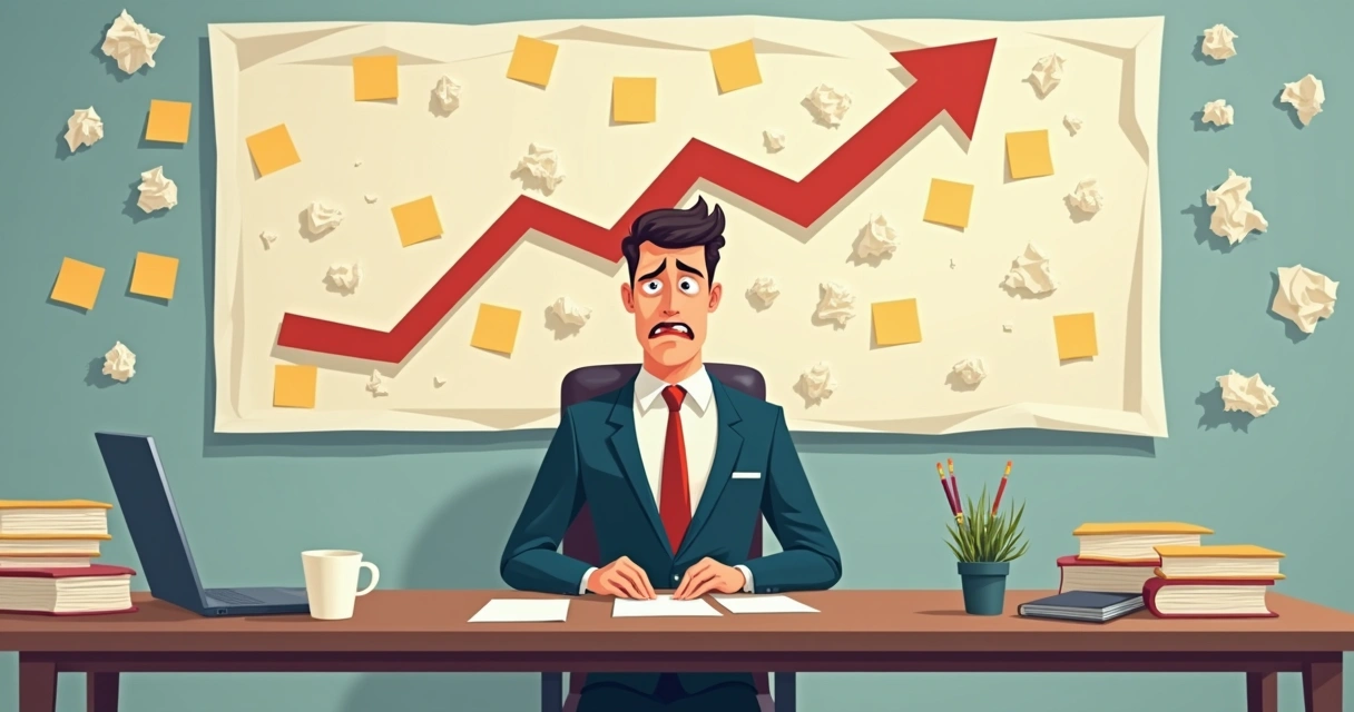 Empresário pensativo olhando para gráfico de crescimento instável 