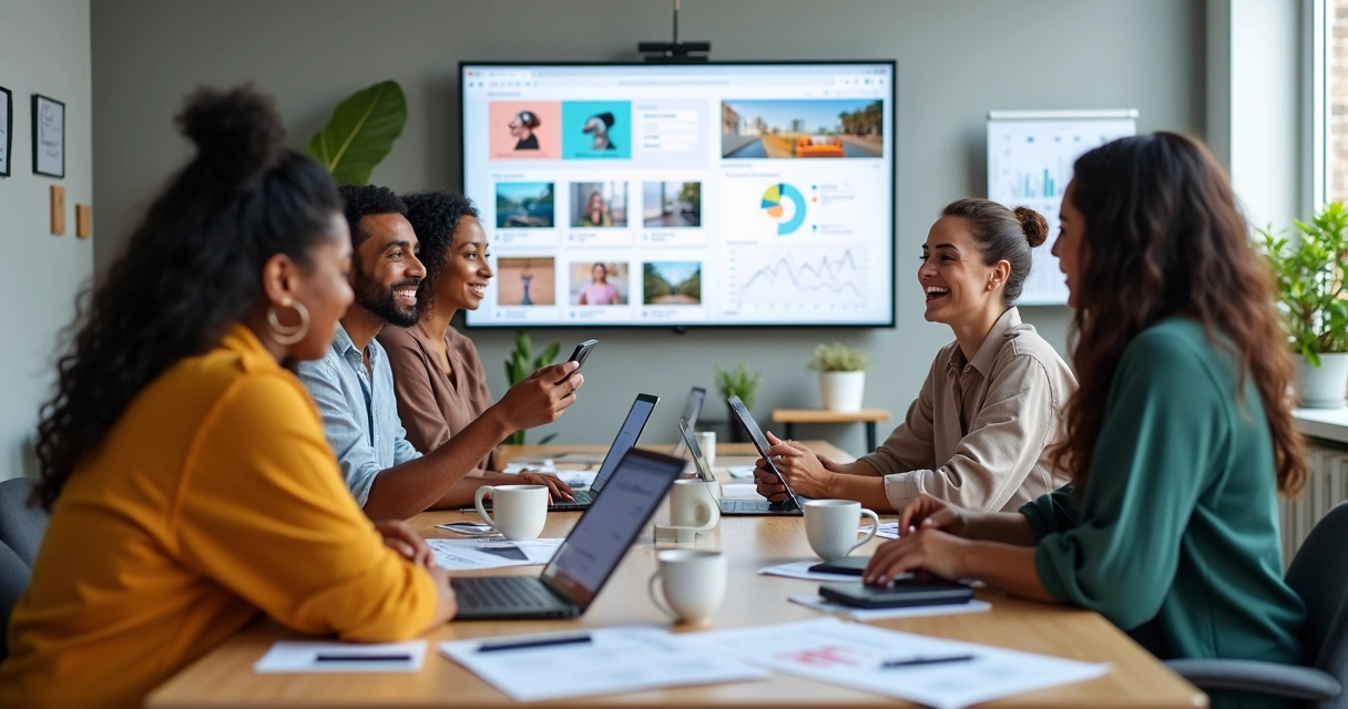 Equipe reunida em mesa discutindo estratégias de conteúdo e vendas para Instagram. 