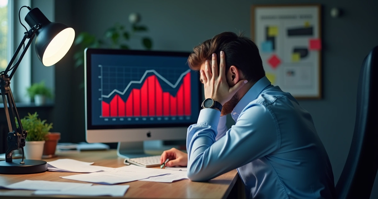 Profissional frustrado analisando campanha de marketing malsucedida