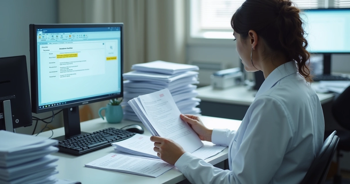 Secretária conferindo documentos de faturamento em clínica odontológica, com papéis sobre a mesa 