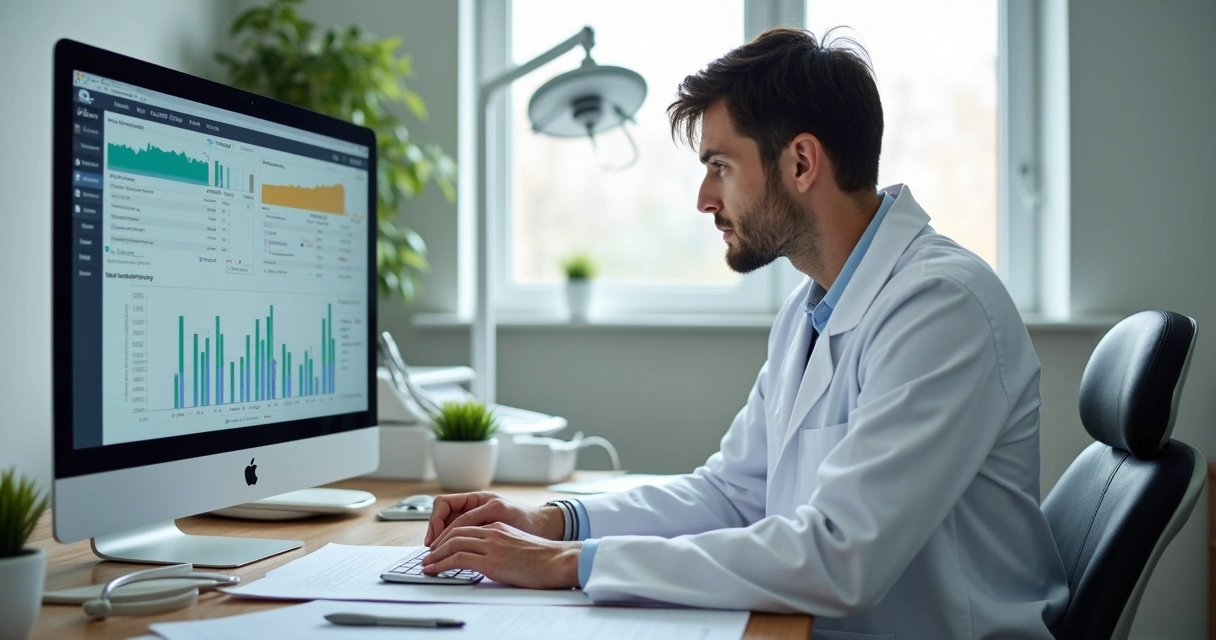 Dentista revisando prontuário e lançamentos em computador com papéis em cima da mesa