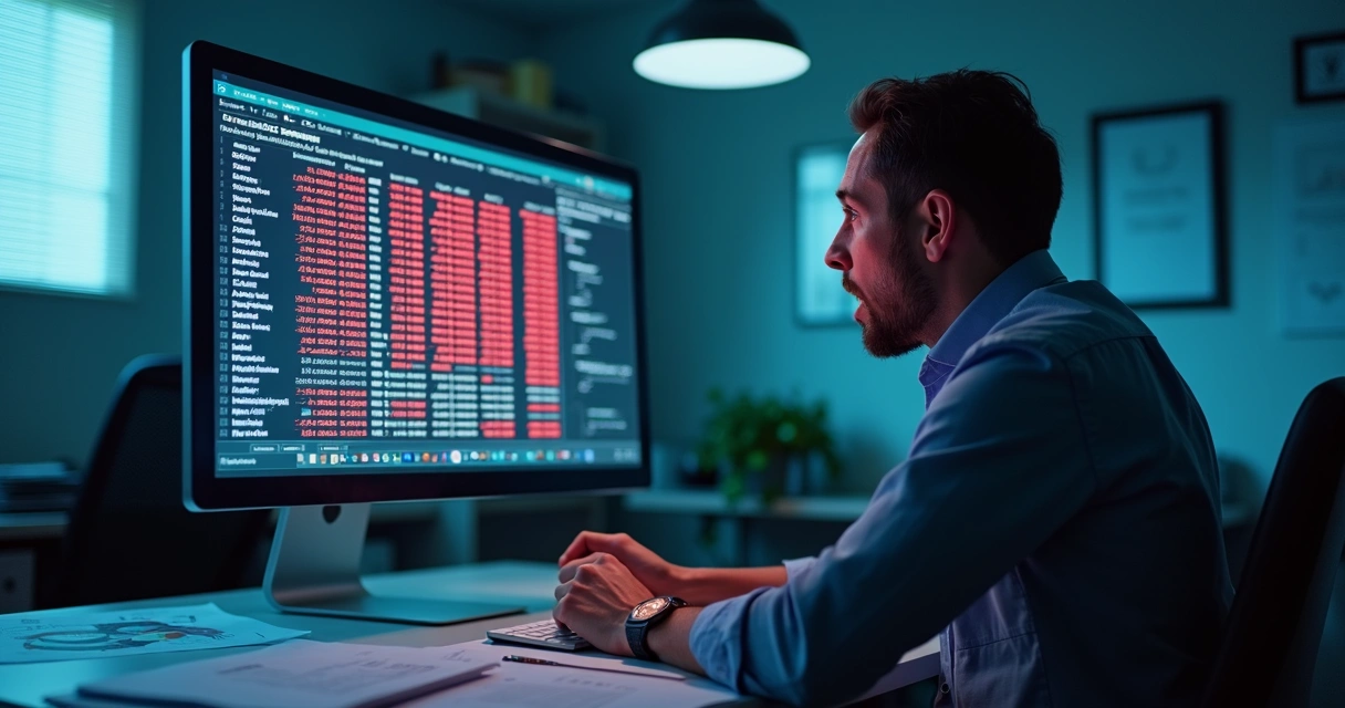 Erro contábil identificado em tela de computador de escritório. 