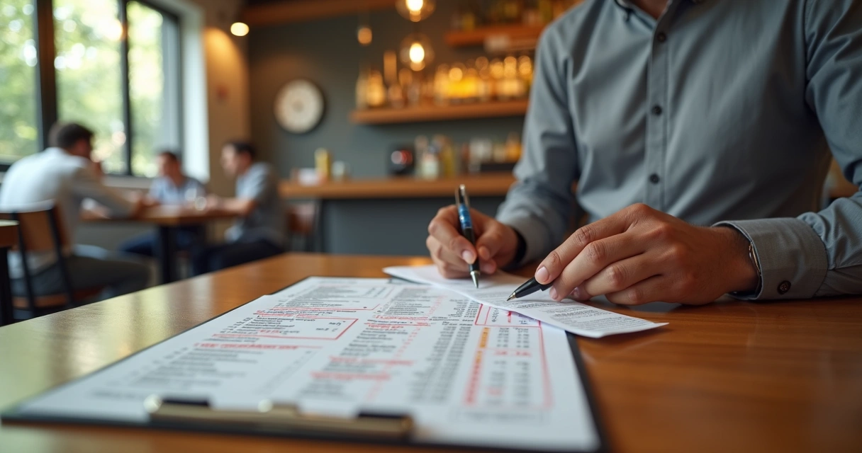 Fiscal apontando irregularidades em cardápio de restaurante em mesa de atendimento 