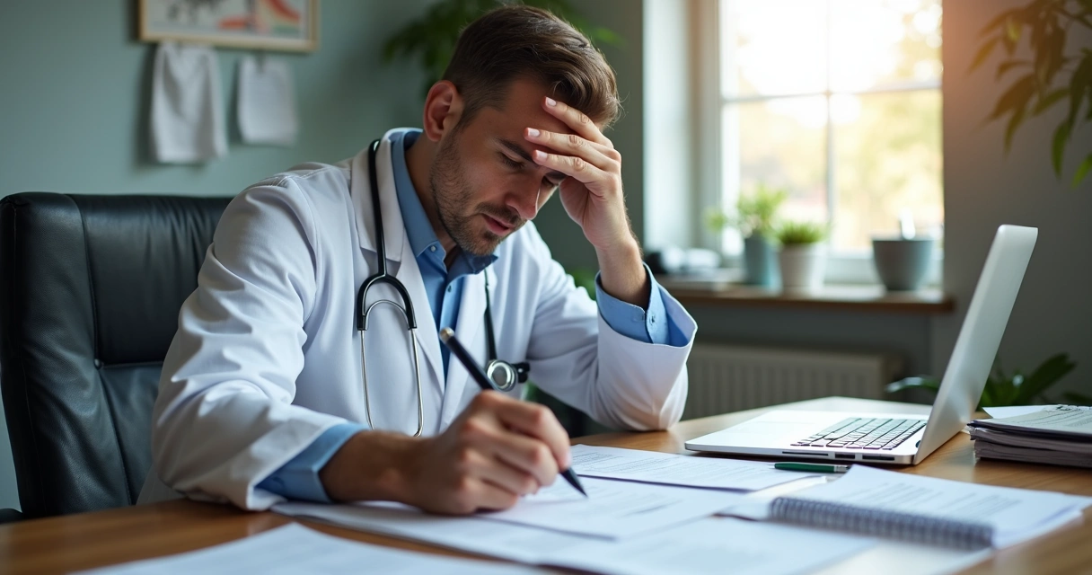 Profissional de saúde analisando documentos fiscais numa mesa de consultório 