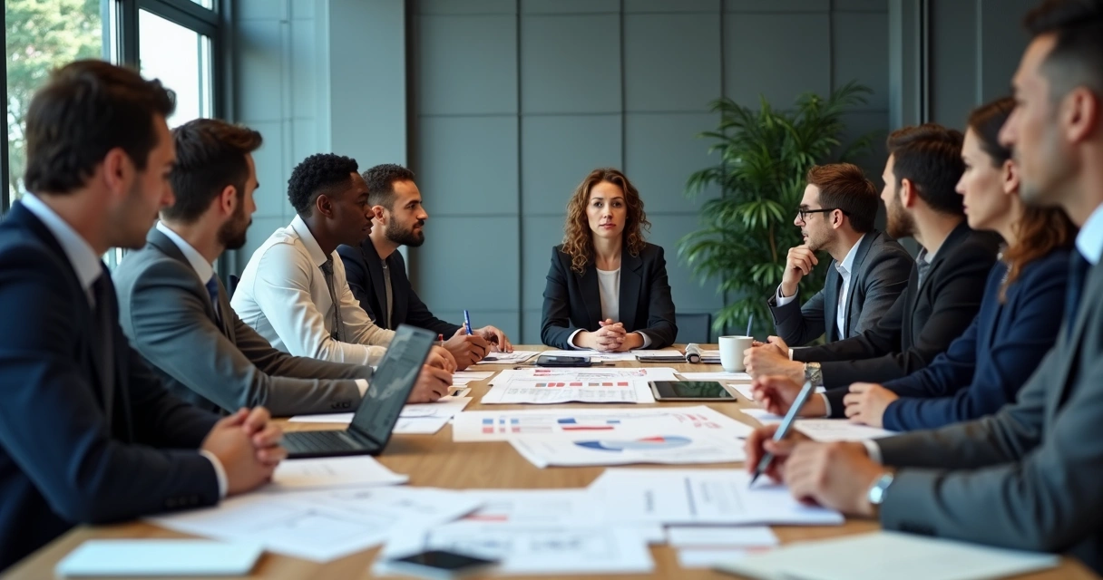 Sala de reunião com equipe preocupada analisando los resultados fiscais 