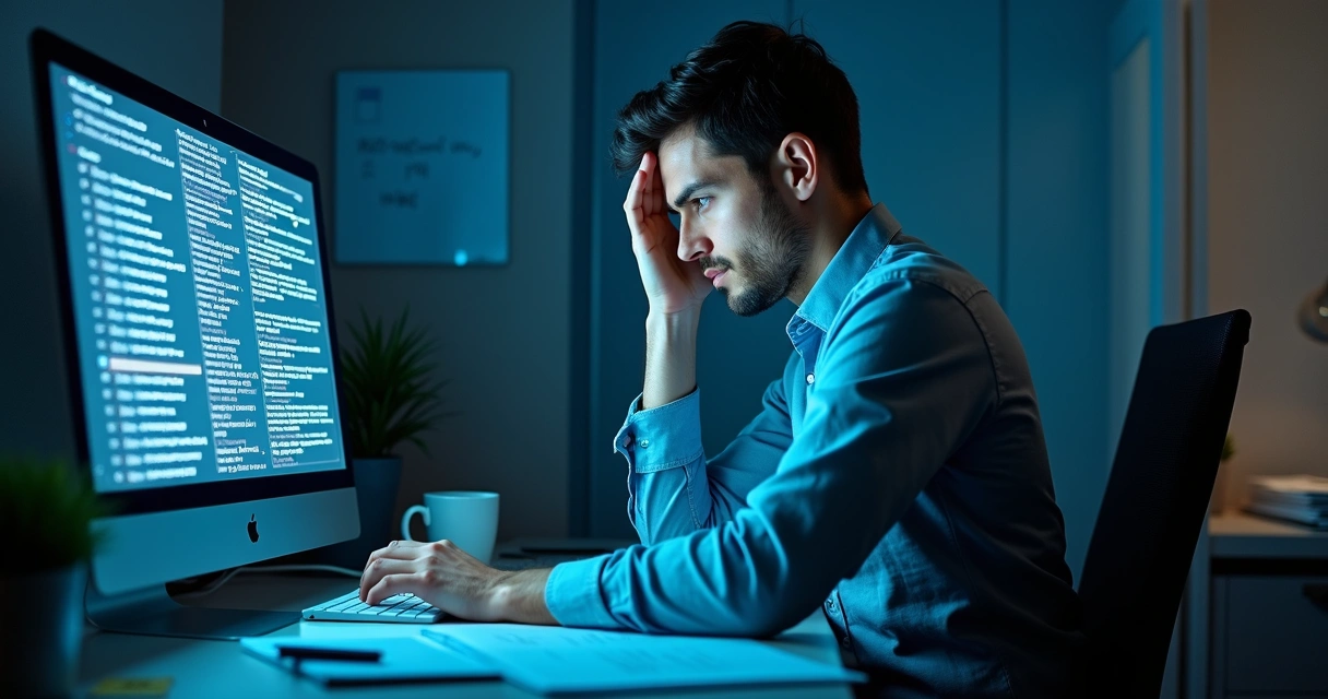 Profissional frustrado olhando para mensagens automáticas no LinkedIn
