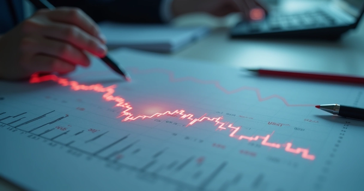 Gráficos financeiros desfocados com valores negativos em destaque 