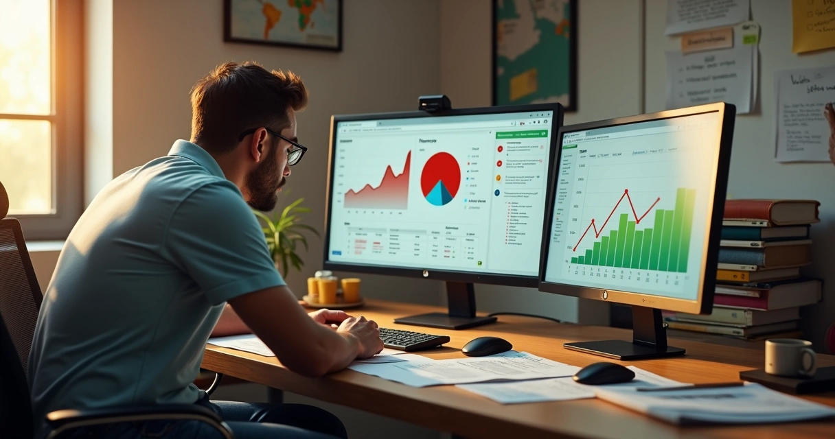Empreendedor observa fluxo de caixa negativo em tela de computador 