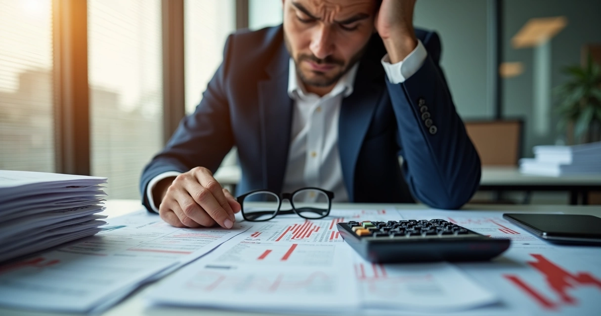 Pessoa frustrada olhando relatórios fiscais no escritório 