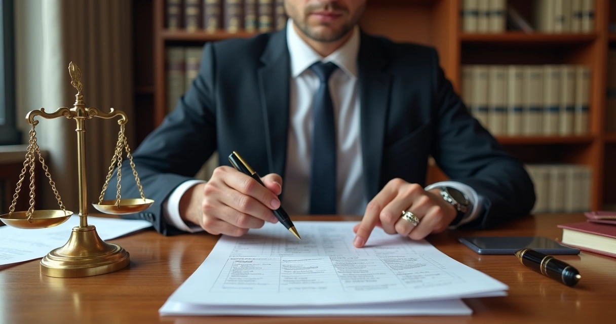 Advogado analisando prontuário médico detalhado em ambiente de escritório ao lado de balança da justiça 