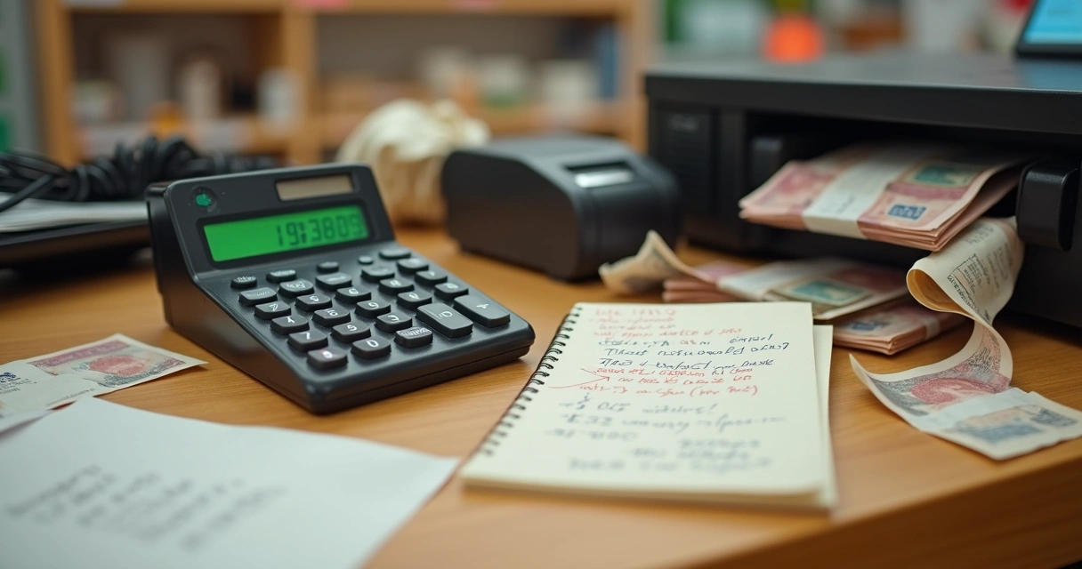 Balcão de loja com notas amassadas, recibos e calculadora mostrando confusão no caixa 