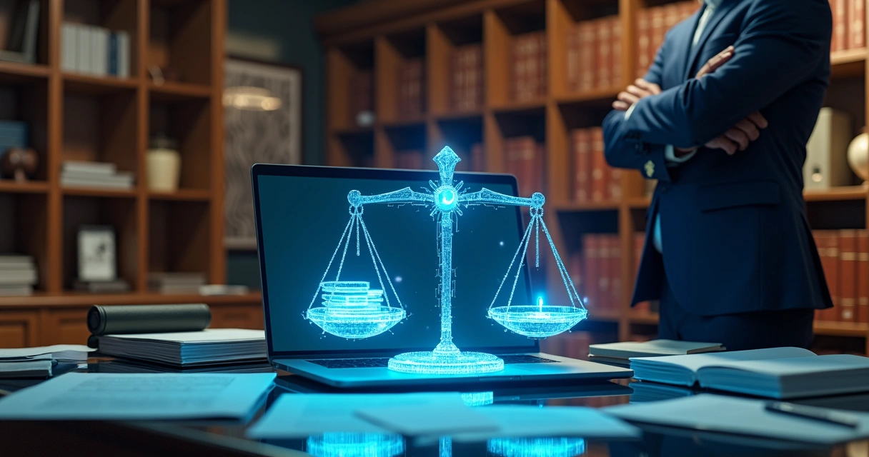 Advogado em escritório observando balança de justiça em forma de circuito digital 